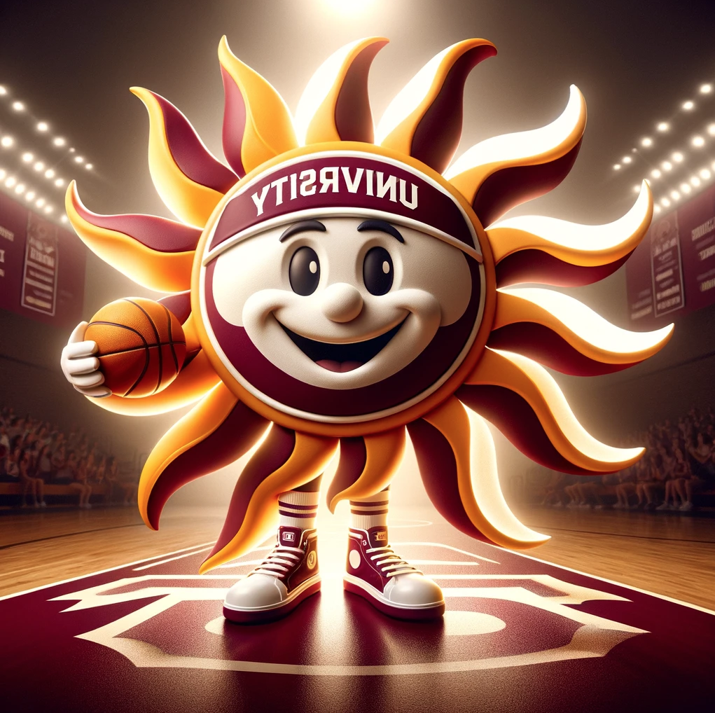 an ai-generated maroon and gold sun character dressed as a basketball player standing on a basketball court