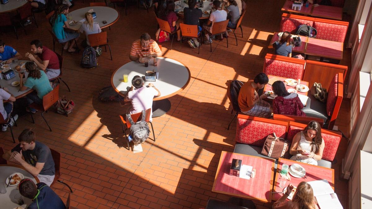 overhead shot of Mabee Dining Hall during lunch