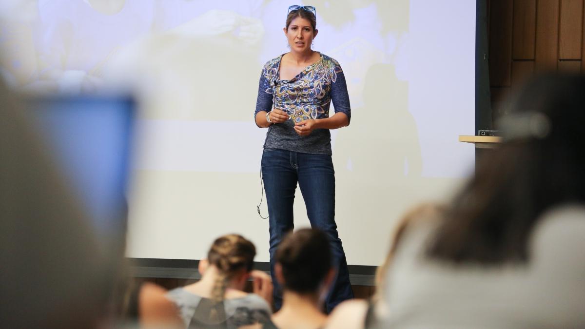 Luz Cristal speaks in Chapman Auditorium