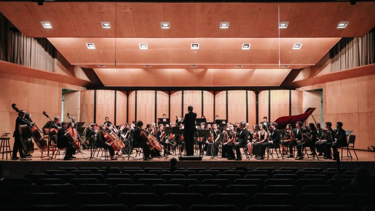 a panoramic view of the 赌博娱乐平台网址大全 Symphony Orchestra in the Ruth Taylor Recital Hall